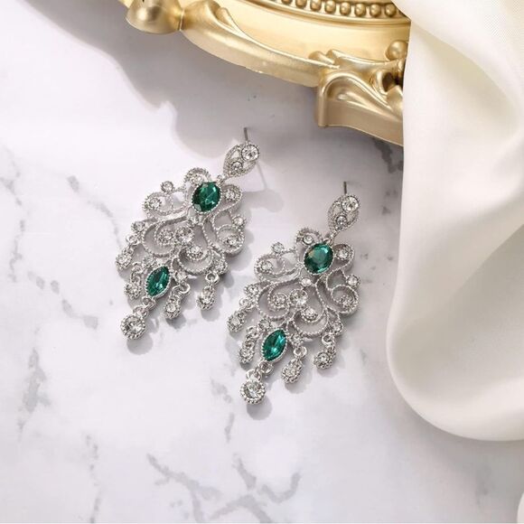 Silver with Diamond and Emerald Austrian Crystal Banquet Chandelier Earrings - Picture 2 of 5